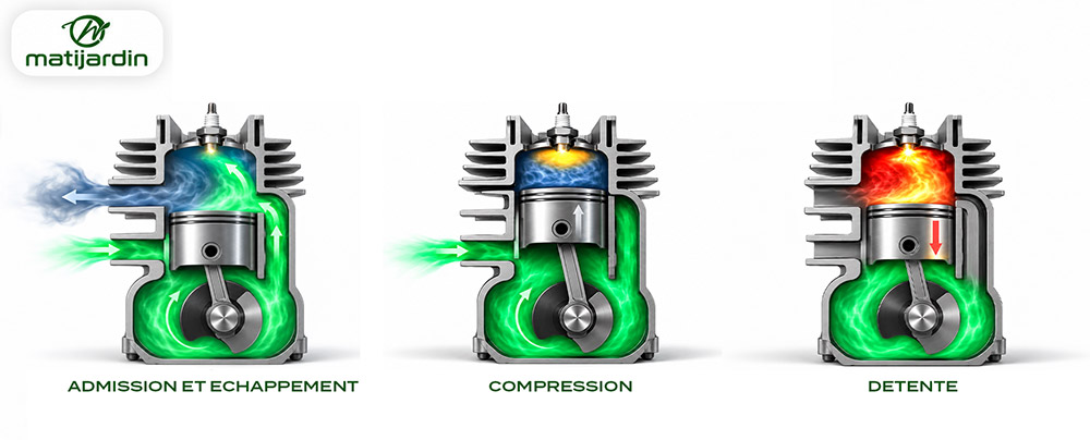 Schéma de combustion d'un moteur 2 temps de motoculture